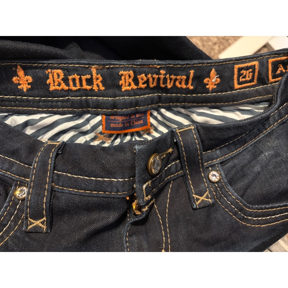 Rock Revival Skinny Jeans Dark Wash Embellished Back Pockets Signature Stitching - Picture 9 of 11